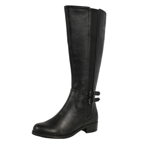 Black Faux Leather Elastic Side Knee High Boot - Picture 2 of 6